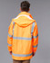 An orange safety jacket with reflective stripes and a hood, featuring a logo on the back.