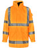 A bright orange safety jacket with reflective stripes and multiple pockets, featuring a high collar and a logo.