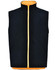 A black and orange safety jacket with a zip front and two side pockets, featuring a logo.