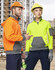A premium fleece two-tone hoodie in orange and grey, and a high-visibility hoodie in yellow and grey, worn by two workers.
