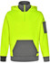 A bright yellow and grey two-tone hoodie with a front pocket and a sleeve pocket, featuring a logo.