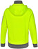 A bright yellow two-tone hoodie with a grey bottom and a hood, featuring a logo on the sleeve.