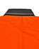 A close-up of the back collar of an orange polo shirt, featuring a grey striped detailing and a logo.
