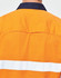 A safety shirt in orange with a navy collar and reflective white tape on the back. It features a logo.