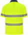 A bright yellow unisex polo shirt featuring segmented reflective stripes and a navy collar, with a logo on it.