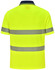 A bright yellow unisex polo shirt featuring segmented reflective stripes and a navy collar, with a logo on it.