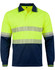 A long-sleeved unisex polo shirt in fluorescent yellow and navy blue, featuring reflective stripes and a chest pocket.