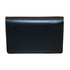 A black business card holder with a sleek and glossy finish, featuring a simple design and a logo.