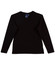 A black ladies' long sleeve V-neck T-shirt with a simple design and no visible logos.