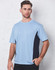 A light blue short sleeve t-shirt with black side panel contrasts, featuring a logo.