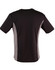 A black short sleeve t-shirt with grey contrast panels on the sides. It features a logo on the back.