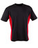 A black and red short sleeve t-shirt with a logo on it, featuring contrast panels on the sides.