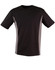 A short-sleeved t-shirt in black with grey contrast panels, featuring a logo on the front.