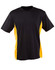 A black and yellow kids' short-sleeve t-shirt with a contrast design and a logo.
