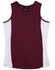 A burgundy and white ladies' singlet with a logo on the tag. The design features a contrast colour panel.