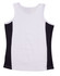 A white and black ladies singlet with a contrast design and a logo on the back.
