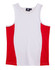 A ladies' singlet featuring a white front and red side panels, with a tag and logo on the neckline.