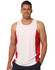 A men's singlet featuring a white body with red contrast mesh panels and a logo.