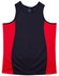 A sleeveless singlet featuring a navy body and red contrast panels, with a tag indicating branding.