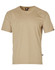 A beige short-sleeve work t-shirt featuring a logo on the front and a textured design on the shoulders.