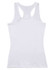 A white ladies' fitted stretch singlet with a racerback design and a logo on the backside.