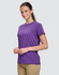 A purple ladies' cotton semi-fitted tee displayed on a model, featuring a simple design and short sleeves.