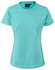 A turquoise ladies' cotton semi-fitted tee with a round neckline and short sleeves, featuring a logo.