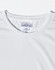 A white men's short sleeve performance T-shirt with a branded label on the neckline.