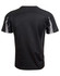 A black kid's short-sleeve t-shirt with grey accents and a logo on the back.