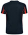 A black T-shirt with red accents, featuring a logo. It has short sleeves and a classic fit.