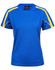 A blue short-sleeve T-shirt with yellow accents and a logo on the chest.