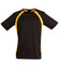 A black and yellow men's t-shirt with short sleeves and a logo on the label.