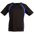 A black men's t-shirt featuring blue accents and a logo, with short sleeves and a round neckline.