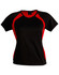 A black and red women's tee shirt with short sleeves and a fitted design. Features a logo on the label.