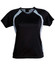A black ladies' t-shirt featuring light blue mesh panels on the sides and a logo on the neckline.