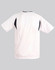 A white adults' soccer jersey featuring black accents and a logo on the back.