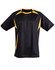 A black and yellow adults' soccer jersey with short sleeves and a sleek design. It features a logo.