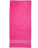A pink terry velour beach towel, sized 75x150 cm, featuring a solid design and a subtle logo.