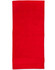 A red terry velour beach towel measuring 75x150 cm, with a solid colour design and a logo.
