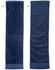 A dark navy terry velour fitness towel, measuring 110x30 cm, featuring two sides with a subtle sheen and a logo.