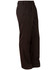 Dark brown permanent press pants with a straight leg and side pockets, featuring a branding logo on the waistband.