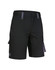 Unisex black utility stretch cargo work shorts with side pockets and a decorative loop, featuring contrasting grey details.