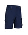 Unisex navy utility stretch cargo work shorts featuring side pockets and a belt loop. Includes branding elements.
