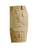 A pair of khaki men's heavy cotton drill shorts with multiple cargo pockets and a logo.