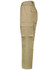 Beige cargo pants featuring multiple pockets on the leg, showcasing a stout fit with a side view.