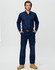 Navy work pants with cargo pockets and reinforced patches, paired with a matching long-sleeve shirt. Features a logo.
