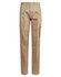 A pair of long fit, beige work pants with a side pocket and a logo. Suitable for workwear.