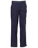 Navy cargo pants with pockets, featuring a button and zipper closure. Includes a branding logo on the waistband.