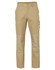 A pair of khaki work pants featuring reinforced patches and a side cargo pocket, with a logo.