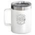 A drink mug in white with a stainless steel lid, featuring a logo and a handle for easy grip.